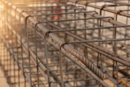 Reinforcement steel rod and deformed bar with rebar at construction site.の写真素材