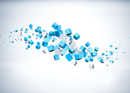 Blue cubes flying abstract backgroundの写真素材
