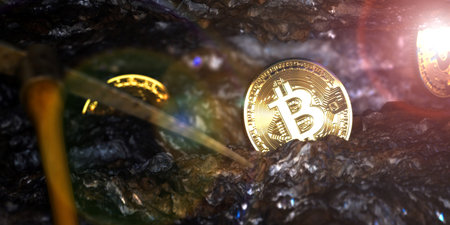 Bitcoin mining in a deep cave with pickaxe. 3d rendered.