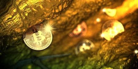 Golden bitcoin appear in deep golden cave with some coin. 3d illustration.の写真素材
