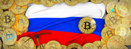 Bitcoins Gold around Russia  flag and pickaxe on the left.3D Illustration.の写真素材
