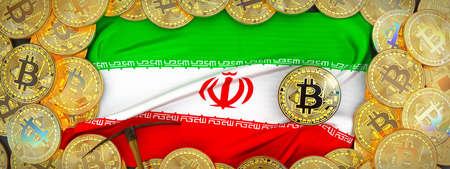 Bitcoins Gold around Iran  flag and pickaxe on the left.3D Illustration.の写真素材