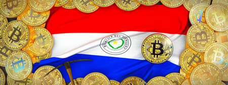 Bitcoins Gold around Paraguay  flag and pickaxe on the left.3D Illustration.の写真素材