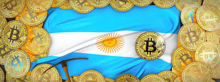 Bitcoins Gold around Argentina  flag and pickaxe on the left.3D Illustration.の写真素材