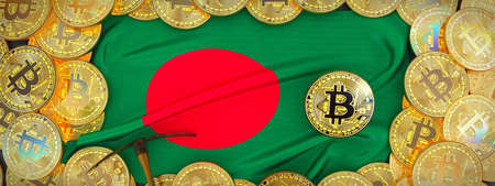 Bitcoins Gold around Bangladesh  flag and pickaxe on the left.3D Illustration.の写真素材
