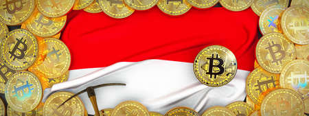 Bitcoins Gold around Monaco  flag and pickaxe on the left.3D Illustration.の写真素材