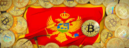 Bitcoins Gold around Montenegro  flag and pickaxe on the left.3D Illustration.の写真素材