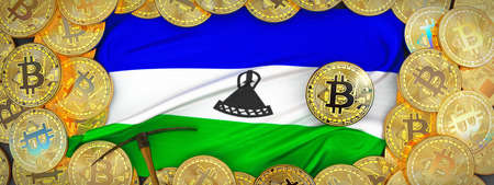 Bitcoins Gold around Lesoto  flag and pickaxe on the left.3D Illustration.の写真素材