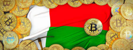 Bitcoins Gold around Madagascar  flag and pickaxe on the left.3D Illustration.の写真素材