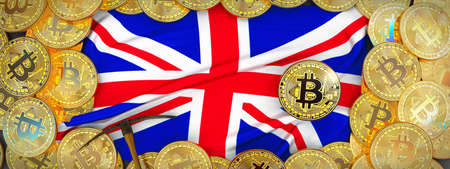 Bitcoins Gold around United Kingdom  flag and pickaxe on the left.3D Illustration.の写真素材