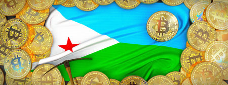 Bitcoins Gold around Djibouti  flag and pickaxe on the left.3D Illustration.の写真素材