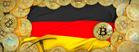 Bitcoins Gold around Germany  flag and pickaxe on the left.3D Illustration.の写真素材