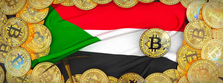Bitcoins Gold around Sudan  flag and pickaxe on the left.3D Illustration.の写真素材