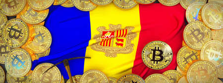 Bitcoins Gold around Andorra  flag and pickaxe on the left.3D Illustration.の写真素材