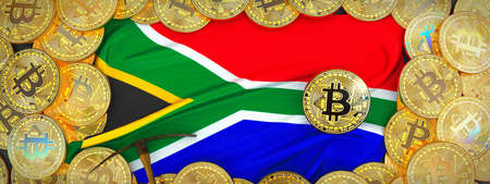 Bitcoins Gold around South Africa  flag and pickaxe on the left.3D Illustration.の写真素材