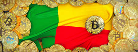 Bitcoins Gold around Benin  flag and pickaxe on the left.3D Illustration.の写真素材