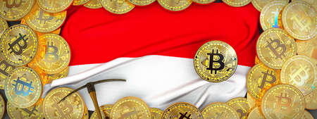 Bitcoins Gold around Indonesia  flag and pickaxe on the left.3D Illustration.の写真素材