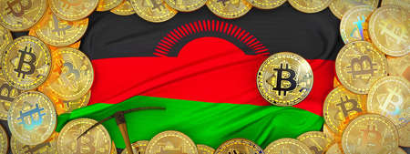 Bitcoins Gold around Malawi  flag and pickaxe on the left.3D Illustration.の写真素材