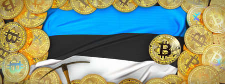 Bitcoins Gold around Estonia  flag and pickaxe on the left.3D Illustration.の写真素材