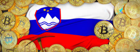 Bitcoins Gold around Slovenia  flag and pickaxe on the left.3D Illustration.の写真素材