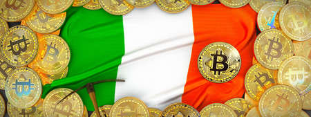 Bitcoins Gold around Ireland  flag and pickaxe on the left.3D Illustration.の写真素材