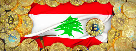 Bitcoins Gold around Lebanon  flag and pickaxe on the left.3D Illustration.の写真素材