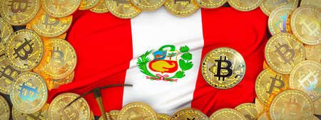 Bitcoins Gold around Peru  flag and pickaxe on the left.3D Illustration.の写真素材