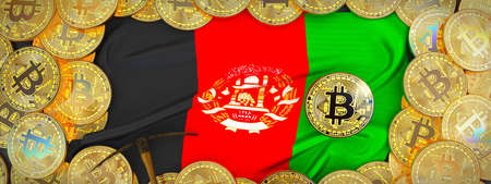 Bitcoins Gold around Afghanistan  flag and pickaxe on the left.3D Illustration.の写真素材