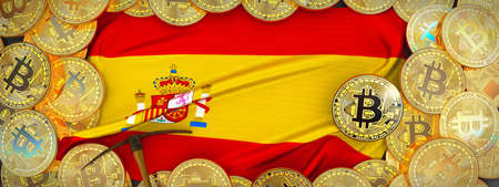 Bitcoins Gold around Spain  flag and pickaxe on the left.3D Illustration.の写真素材
