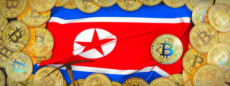 Bitcoins Gold around North korea  flag and pickaxe on the left.3D Illustration.の写真素材