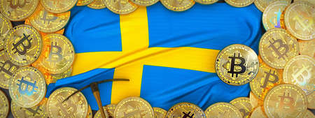 Bitcoins Gold around Sweden  flag and pickaxe on the left.3D Illustration.の写真素材