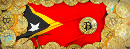 Bitcoins Gold around East Timor  flag and pickaxe on the left.3D Illustration.の写真素材