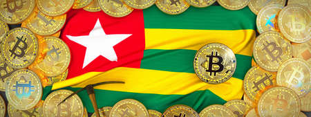 Bitcoins Gold around Togo  flag and pickaxe on the left.3D Illustration.の写真素材