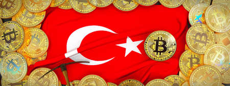 Bitcoins Gold around Turkey  flag and pickaxe on the left.3D Illustration.の写真素材
