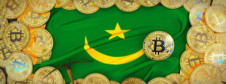 Bitcoins Gold around Mauritania  flag and pickaxe on the left.3D Illustration.の写真素材