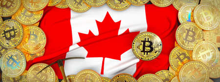 Bitcoins Gold around Canada  flag and pickaxe on the left.3D Illustration.の写真素材
