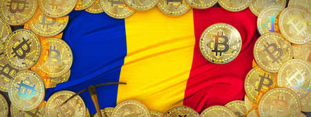 Bitcoins Gold around Chad  flag and pickaxe on the left.3D Illustration.の写真素材