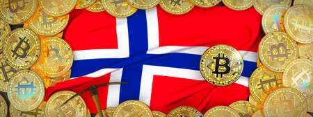 Bitcoins Gold around Norway  flag and pickaxe on the left.3D Illustration.の写真素材