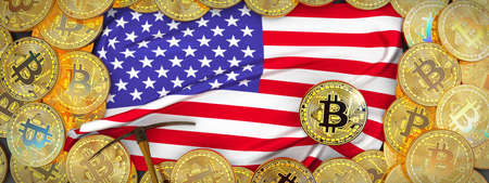 Bitcoins Gold around United States  flag and pickaxe on the left.3D Illustration.の写真素材