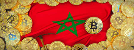 Bitcoins Gold around Morocco  flag and pickaxe on the left.3D Illustration.の写真素材