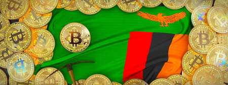 Bitcoins Gold around Zambia  flag and pickaxe on the left.3D Illustration.の写真素材