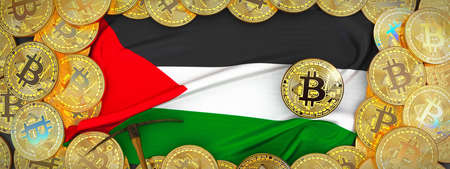 Bitcoins Gold around Palestine  flag and pickaxe on the left.3D Illustration.の写真素材
