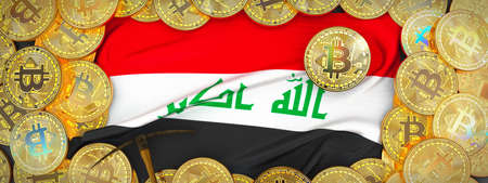 Bitcoins Gold around Iraq  flag and pickaxe on the left.3D Illustration.の写真素材