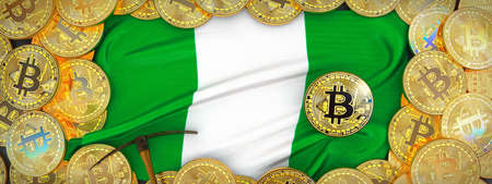 Bitcoins Gold around Nigeria  flag and pickaxe on the left.3D Illustration.の写真素材