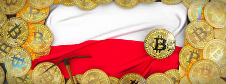 Bitcoins Gold around Poland  flag and pickaxe on the left.3D Illustration.の写真素材