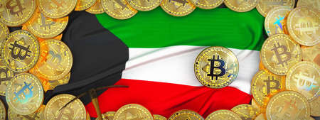 Bitcoins Gold around Kuwait  flag and pickaxe on the left.3D Illustration.の写真素材