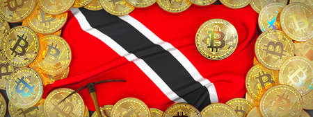 Bitcoins Gold around Trinidad and Tob  flag and pickaxe on the left.3D Illustration.の写真素材