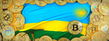 Bitcoins Gold around Rwanda  flag and pickaxe on the left.3D Illustration.の写真素材