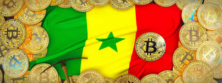 Bitcoins Gold around Senegal  flag and pickaxe on the left.3D Illustration.の写真素材