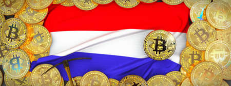 Bitcoins Gold around Netherlands  flag and pickaxe on the left.3D Illustration.の写真素材